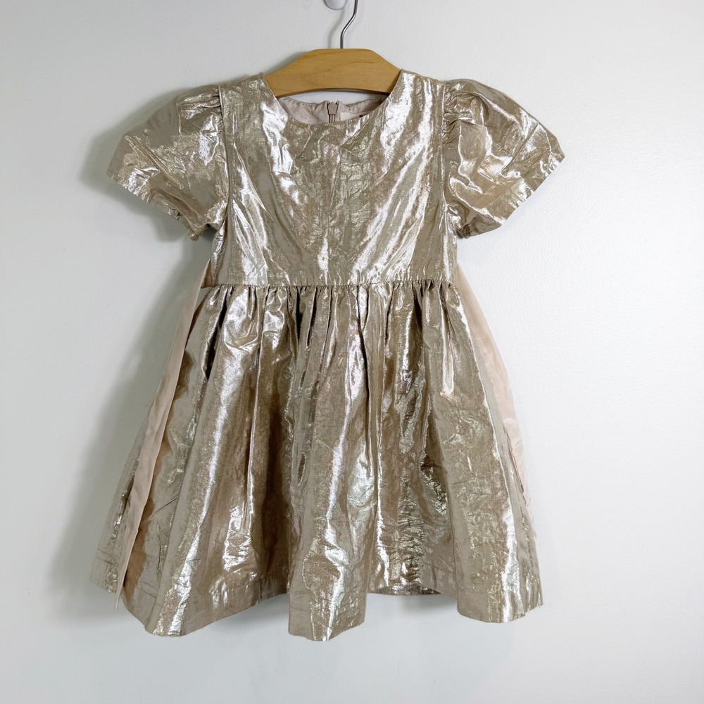 Mini Boden Dress Girls 4-5Y Gold Metallic Foil Puff Sleeve Party Holiday